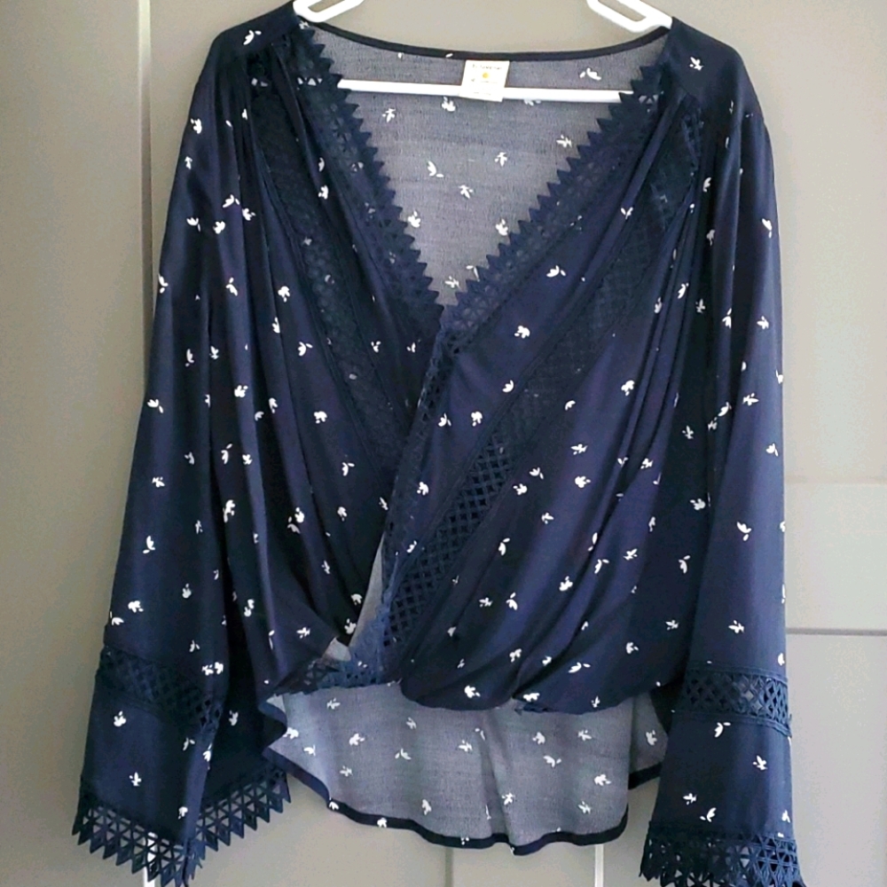Navy and white printed high-low blouse